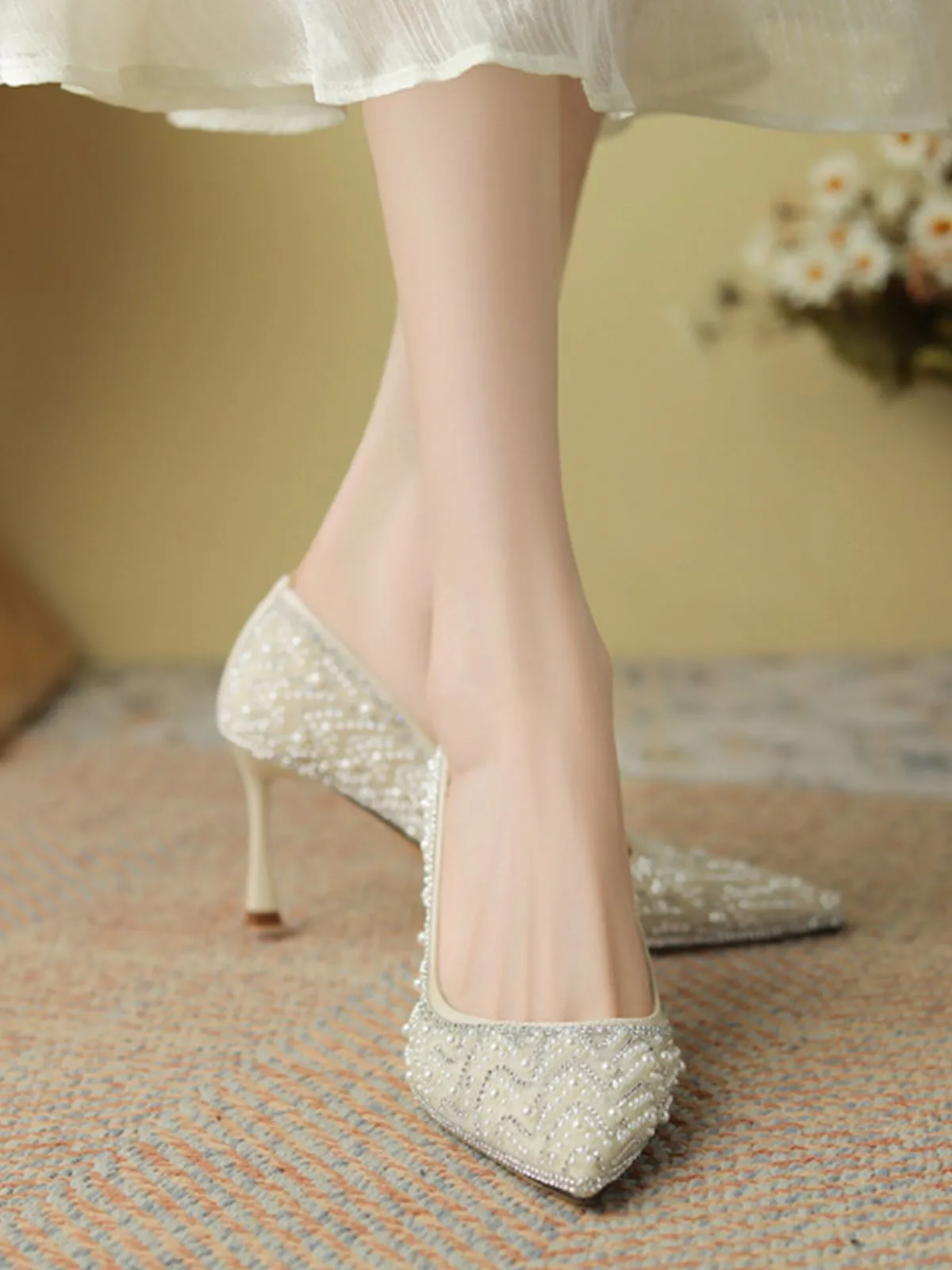 Rhinestone Pearl Pointed Toe Stilettos Shoes