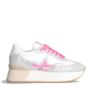 Scarpe Donna LIU JO Sneakers Platform Dreamy 03 in Suede Nylon e Inserti Laminati White e Fuxia Fluo