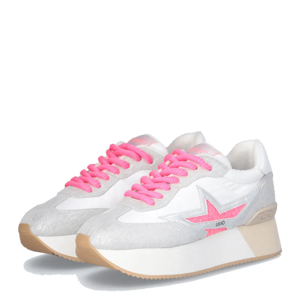 Scarpe Donna LIU JO Sneakers Platform Dreamy 03 in Suede Nylon e Inserti Laminati White e Fuxia Fluo