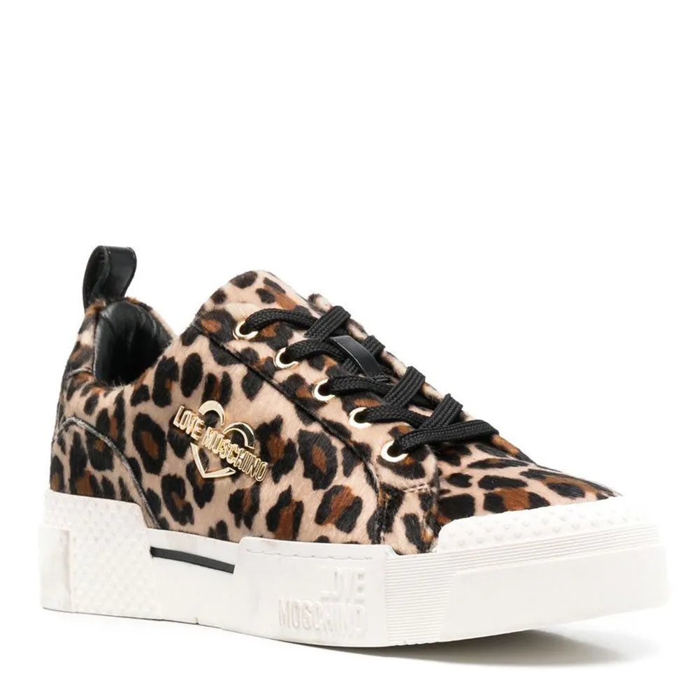 Scarpe Donna LOVE MOSCHINO Sneakers Platform linea Gold Metal Logo Effetto Cavallino Leopardato