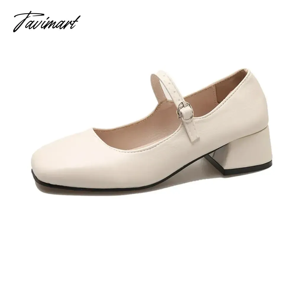 TAVIMART -  New Women's Pumps Basic Mary Jane Shoes Square Toe Buckle Strap Dress Shoes Silver Black Mid Heels Zapatos Mujer Autumn 1619N