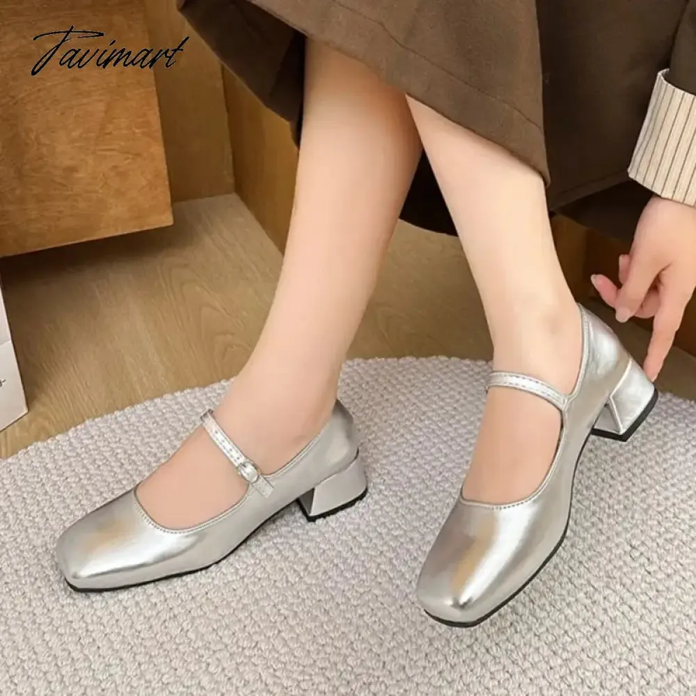 TAVIMART -  New Women's Pumps Basic Mary Jane Shoes Square Toe Buckle Strap Dress Shoes Silver Black Mid Heels Zapatos Mujer Autumn 1619N