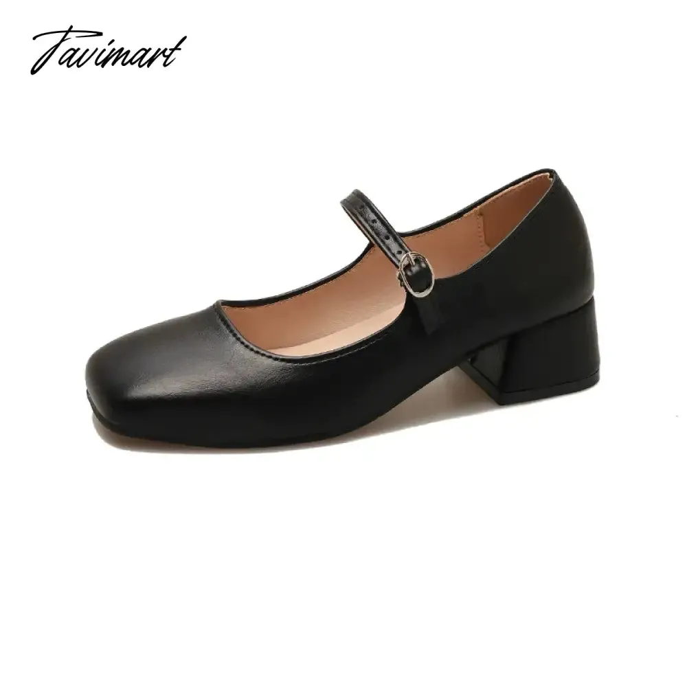 TAVIMART -  New Women's Pumps Basic Mary Jane Shoes Square Toe Buckle Strap Dress Shoes Silver Black Mid Heels Zapatos Mujer Autumn 1619N