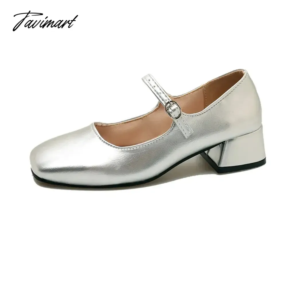 TAVIMART -  New Women's Pumps Basic Mary Jane Shoes Square Toe Buckle Strap Dress Shoes Silver Black Mid Heels Zapatos Mujer Autumn 1619N