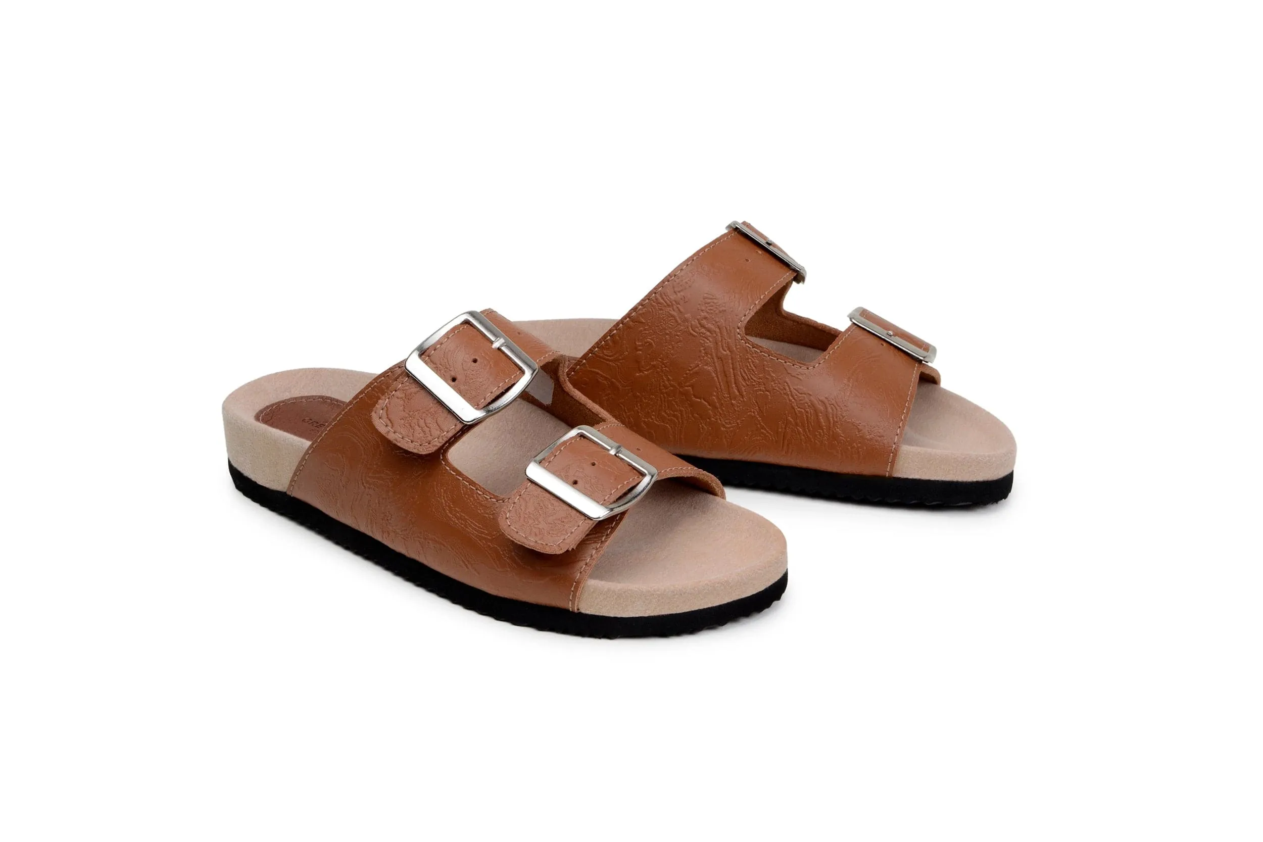 Truda Women's Vegan Leather Two-Strap Sandals | Patterned Tan