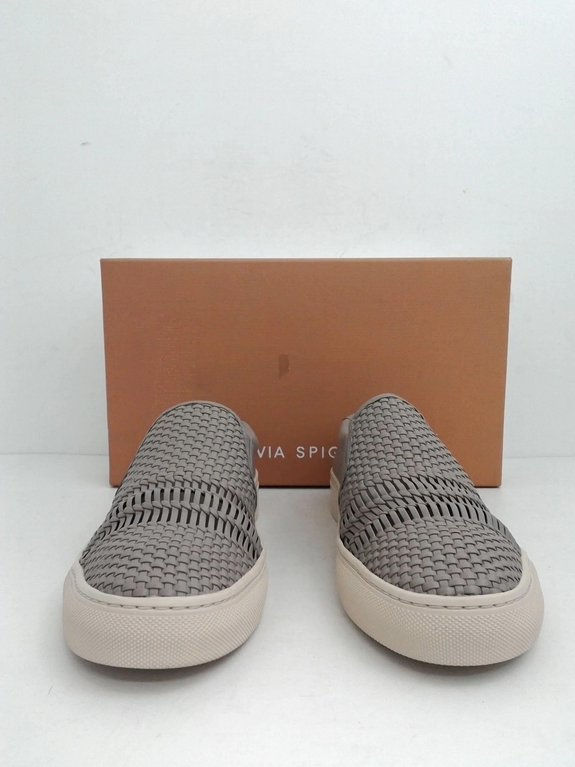 Via Spiga Women's Sara Oat Leather Slip-On Grey Sneakers Size 8 M