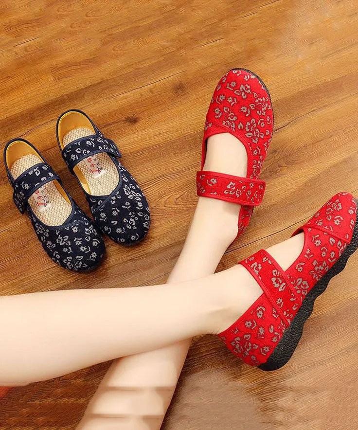 Vintage Print Cotton Fabric Flat Shoes For Women Buckle Strap Flat Shoes For Women LY0202