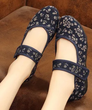 Vintage Print Cotton Fabric Flat Shoes For Women Buckle Strap Flat Shoes For Women LY0202