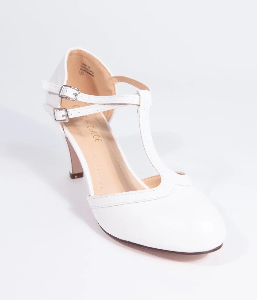 Vintage Style White Leatherette Round Toe T-Strap Heels