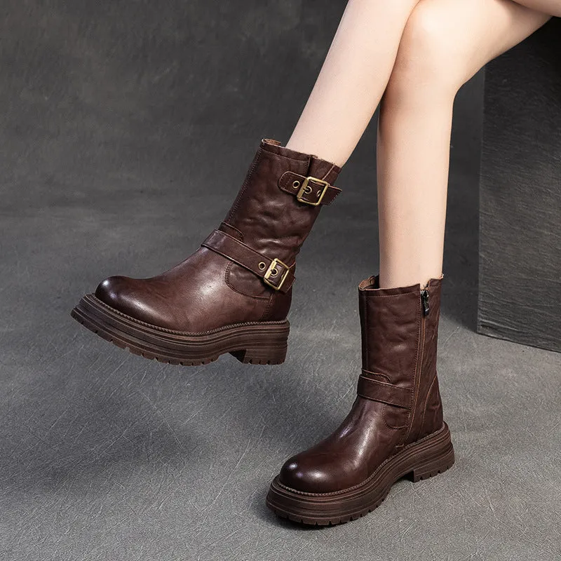 Women Classic Leather Buckle Mid-Calf Furred Winter Boots