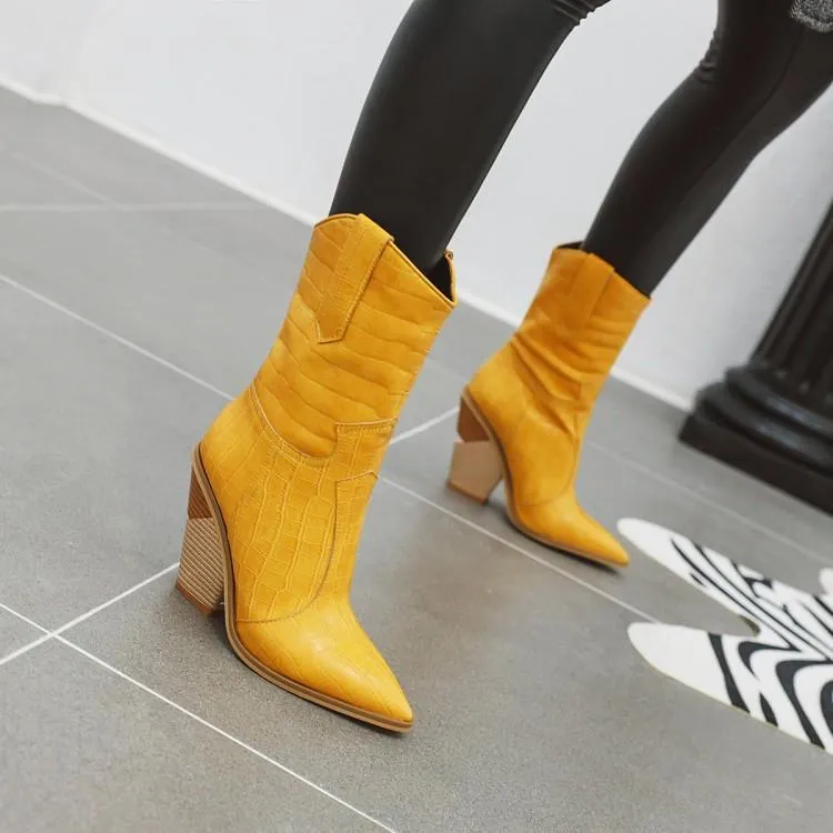 Women fashion stacked chunky heel pointed toe mid calf boots