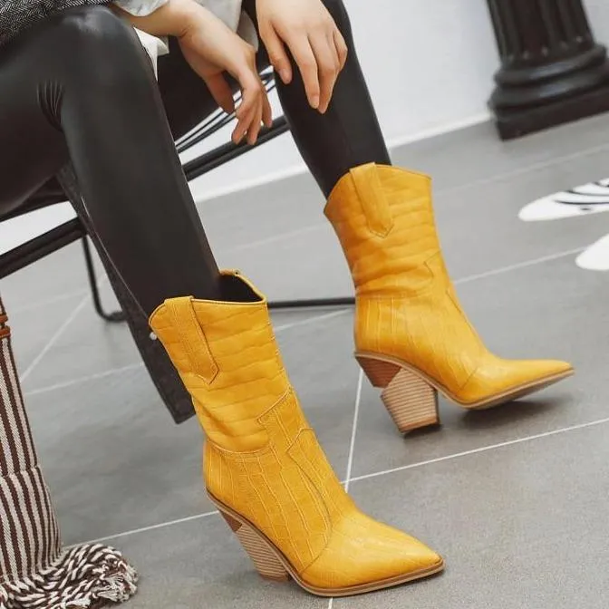 Women fashion stacked chunky heel pointed toe mid calf boots