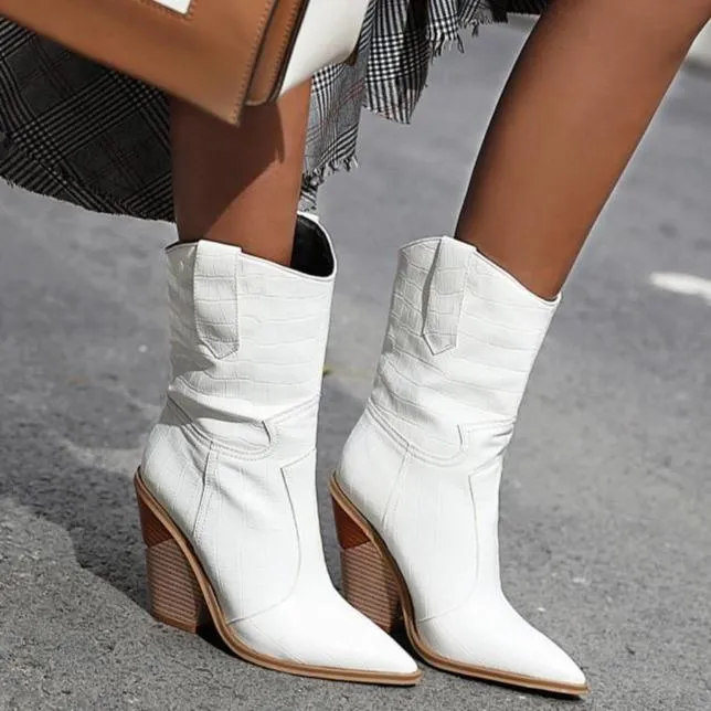 Women fashion stacked chunky heel pointed toe mid calf boots