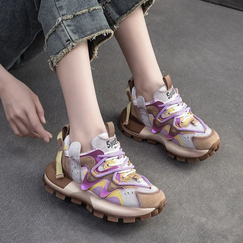 Women Patchwork Cowhide Leather Breathable Platform Shoes