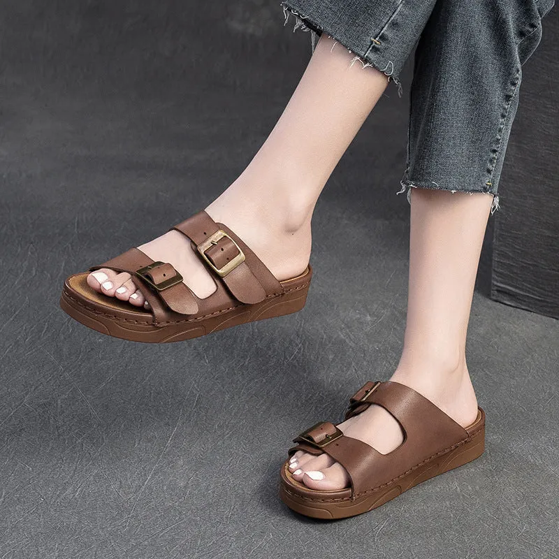 Women Retro Leather Summer Casual Slides Sandals