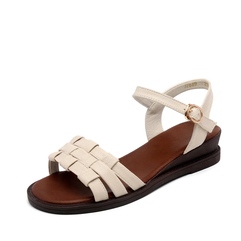 Women Retro Pliated Leather Low Wedge Sandals