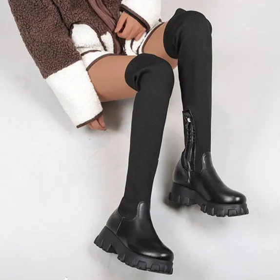 Women thigh high boots elastic side zipper chunky platform boots