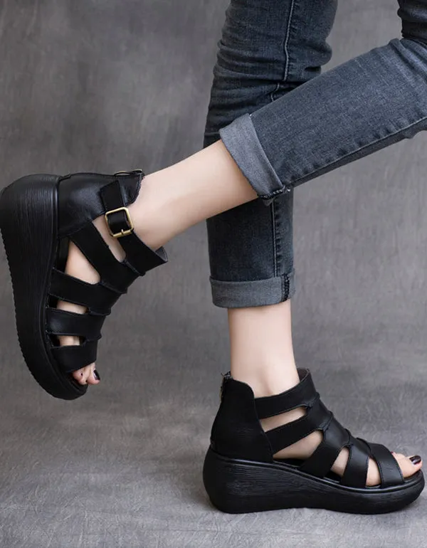 Women's Retro Leather Ankle Strap Sandals