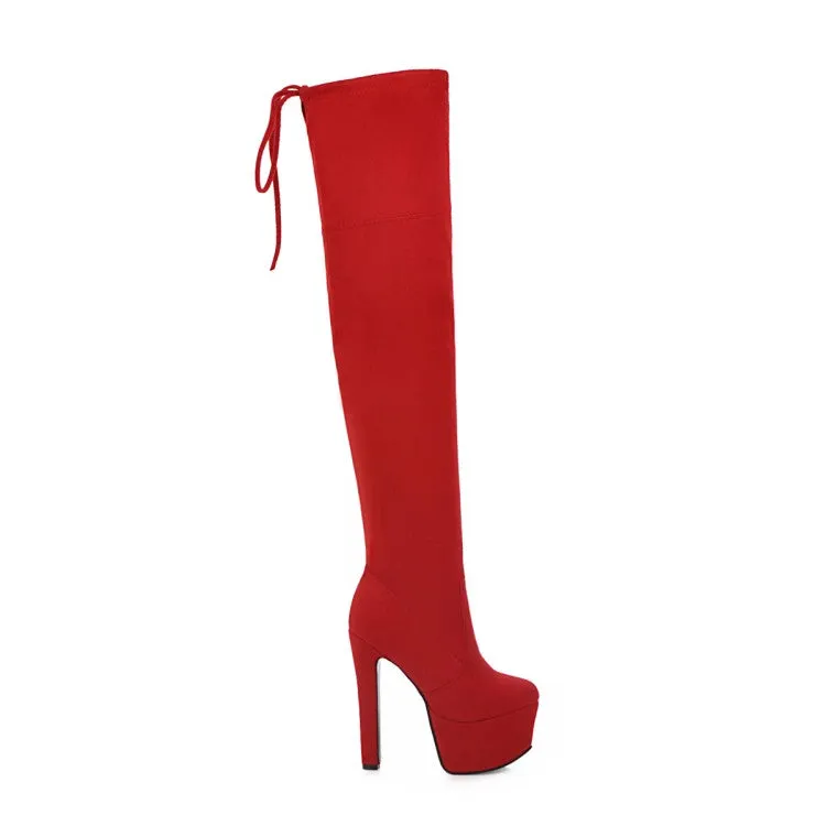 Women's Suede Round Toe Back Tied High Heel Platform Over the Knee Boots