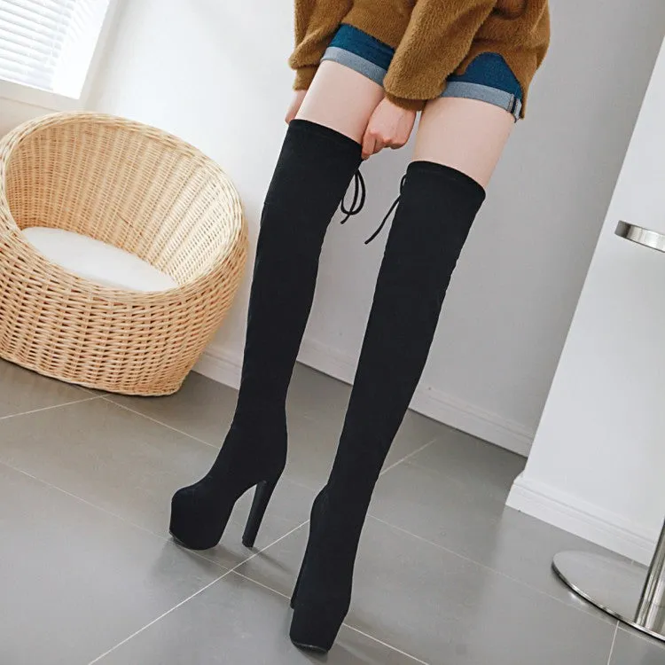 Women's Suede Round Toe Back Tied High Heel Platform Over the Knee Boots