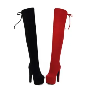 Women's Suede Round Toe Back Tied High Heel Platform Over the Knee Boots