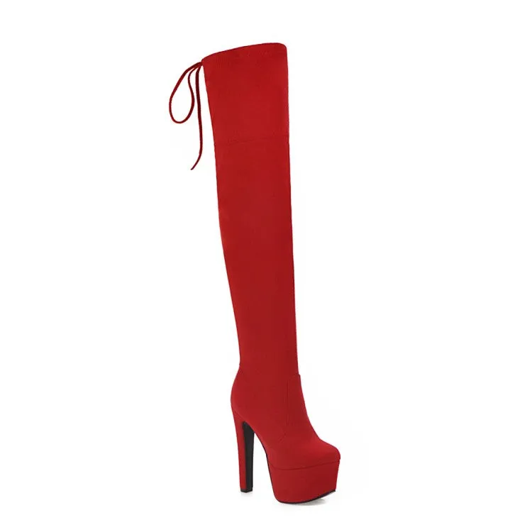 Women's Suede Round Toe Back Tied High Heel Platform Over the Knee Boots