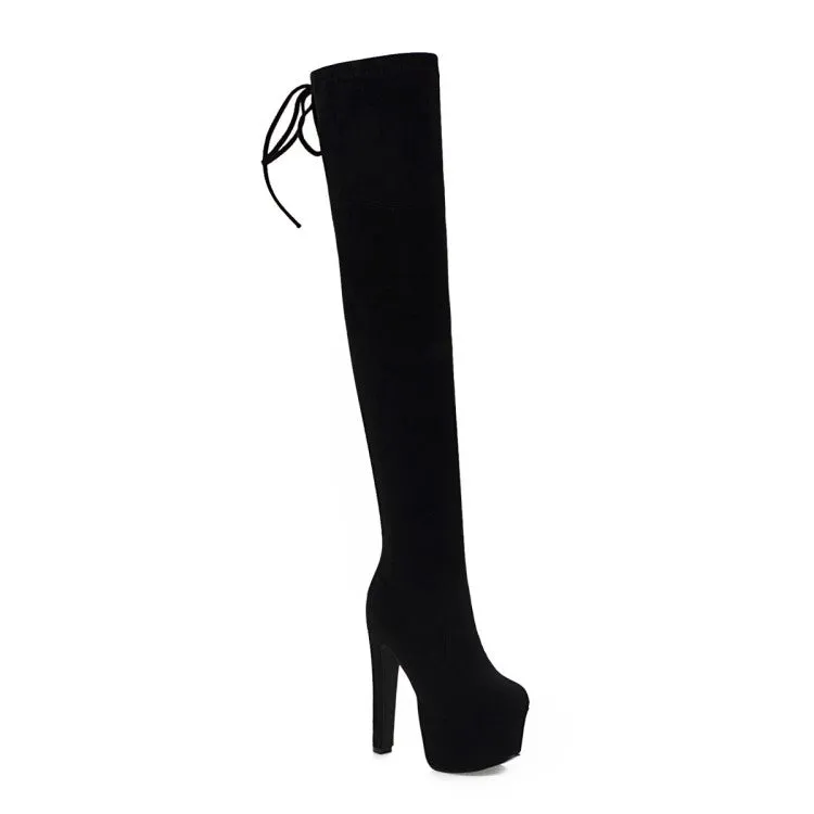 Women's Suede Round Toe Back Tied High Heel Platform Over the Knee Boots