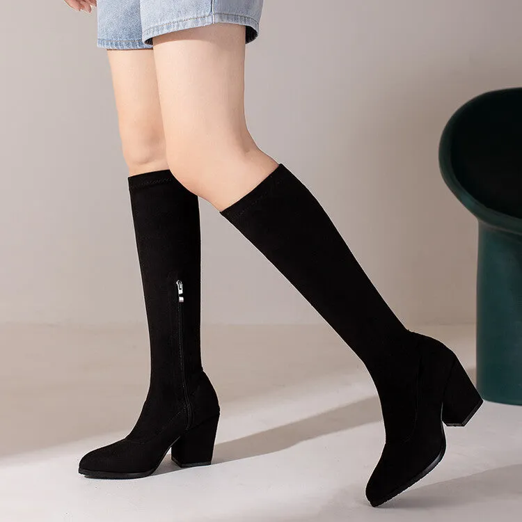 Women's Suede Round Toe Side Zippers Block Heel Knee High Boots