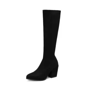 Women's Suede Round Toe Side Zippers Block Heel Knee High Boots