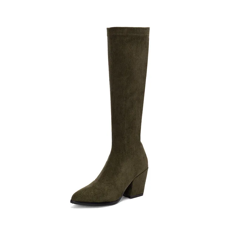 Women's Suede Round Toe Side Zippers Block Heel Knee High Boots